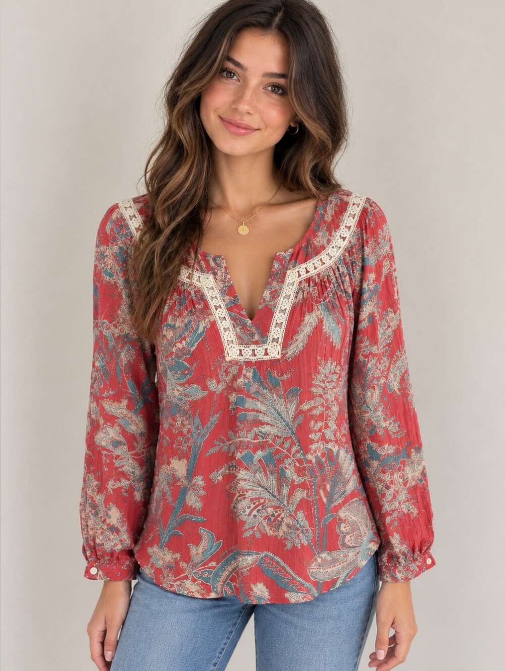 LOFT Red & Cream Floral Blouse | Size XS